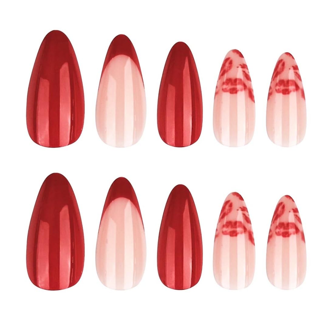 Valentine's Day Press on Nails Medium Almond Fake Nails Red French Tip False Nails with Lips Design Glue on Nail Full Cover Artificial Acrylic Stick on Nail for Women Manicure 24Pcs