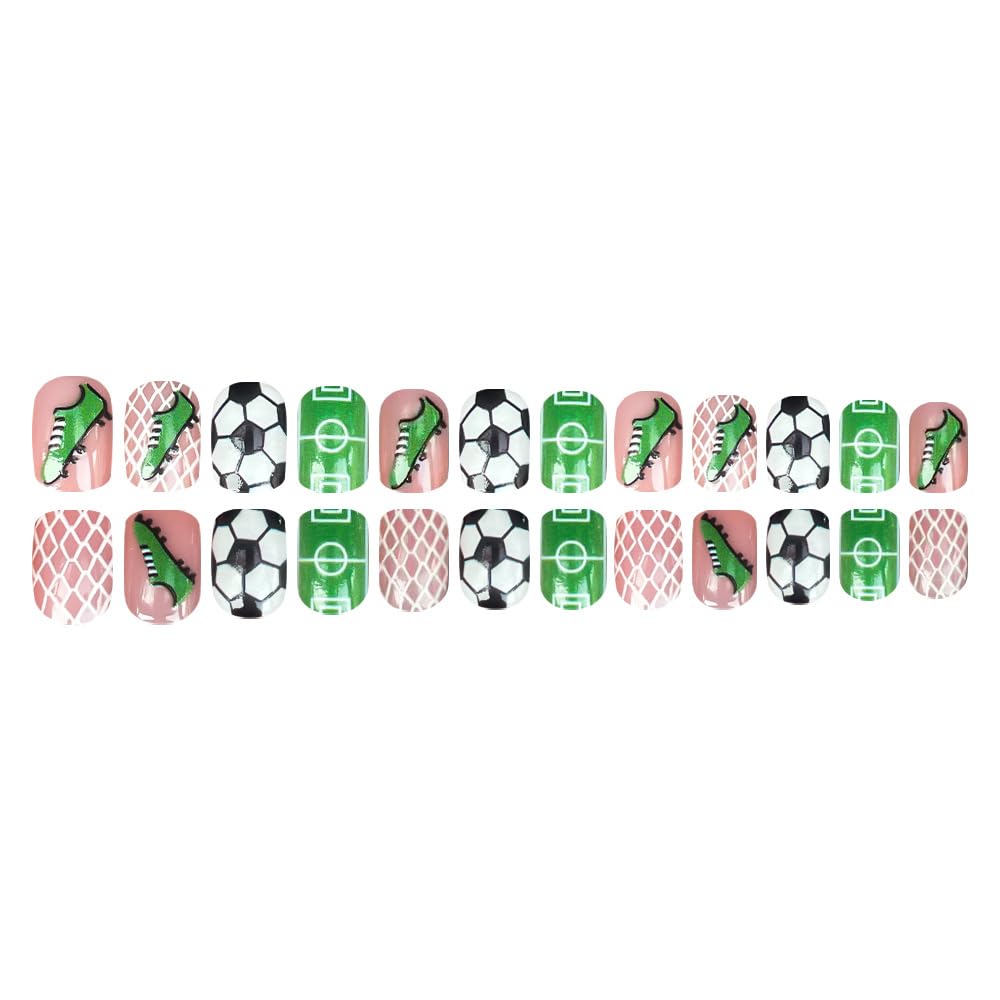 Green Soccer Theme Press on Nails Short Square Fake Nails Green Football Field False Nails Football Boots Acrylic Stick on for Women Girls Soccer Manicure Decoration 24Pcs