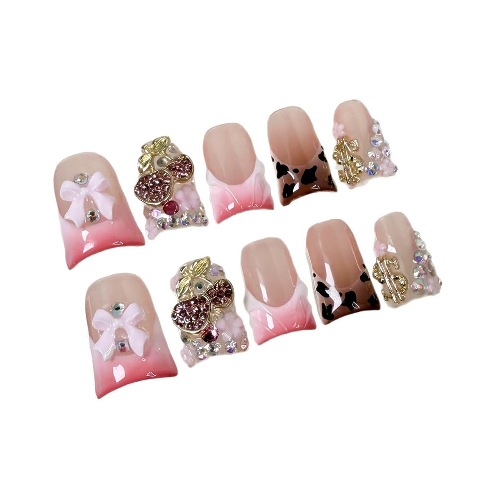 Handmade Press on Nails Short Fake Nails Duck False Nails 3D Cherry and Bow Pink French Tip Luxury Cute Artificial Nail for Women 10pcs (Size M）