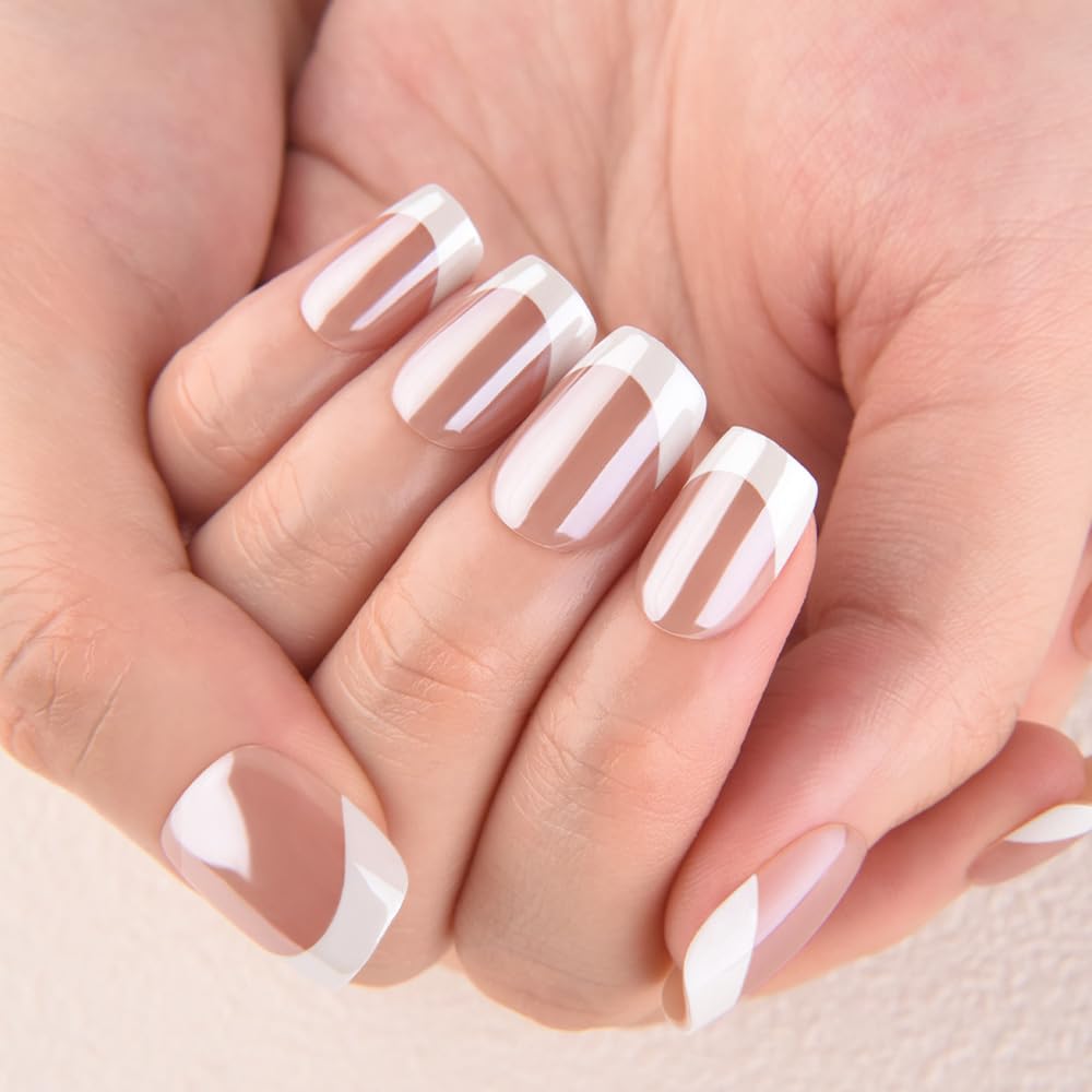 evpct French Tip Press On Nails Short Square, Nude Brown + White Tips, Chrome Glazed Glossy Short Square Fake False Press on Nails, Reusable Gel Stick on nail Press ons with Nail Kit, Salon Quality