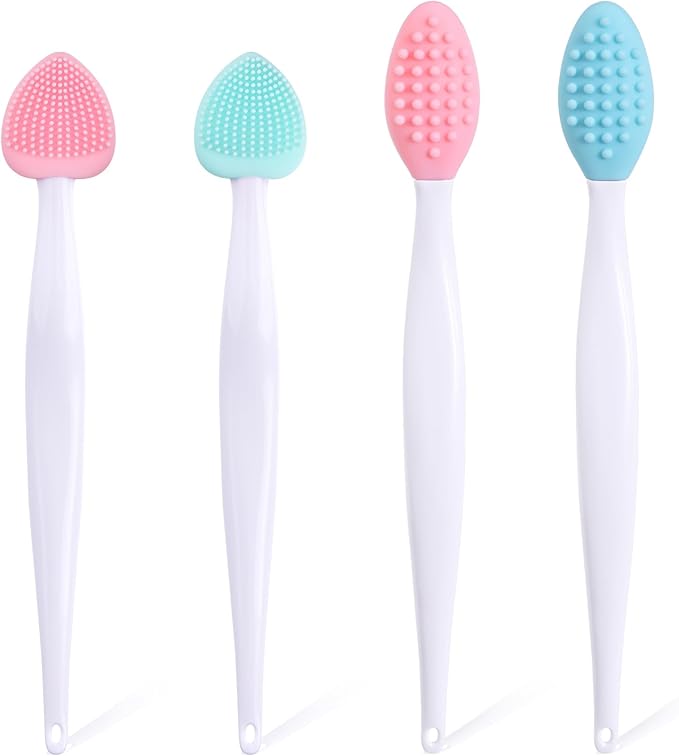 4pcs Lip Scrub Brush, Silicone Heart Lip Exfoliator Brushes Scrubber Tool, Double-Sided Oval Lip Cleaning Exfoliating Remove Dead Skin Tool for Men Women Dark Lips- Pink & Green & Blue