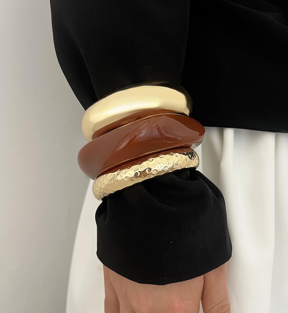Chunky Gold Bangle Bracelets for Women, Dainty 14k Gold Plated Big Stackable Bangles Set, Trendy Statement Cuff Bracelet Stack Fashion Jewelry Gifts (Gold & acrylic bangles)