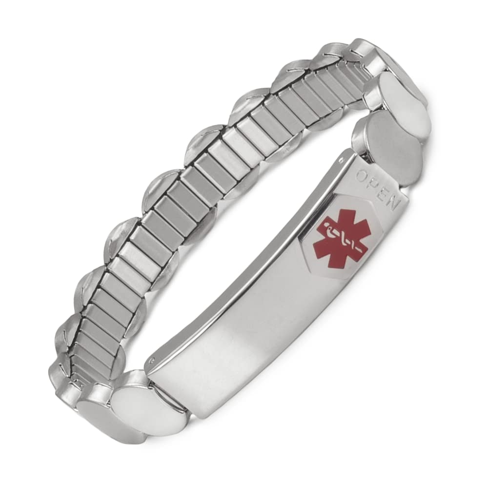 EnerMagiX Medical Alert ID Bracelets for Women, Silver Stainless Steel Personalized Emergency Adjustable Elastic Bracelet 7.48'' for Diabetes Type 1 2, Allergy, Dnr, Personalized Gift
