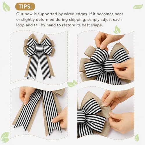 2 Pcs Black and White Striped Burlap Wreath Bows, Large Farmhouse Hanging Bows with Wired Edge, Decorative Bow for Front Door Wreath, Porch, Wall, Stair Rail, Halloween, Wedding, Christmas Decor