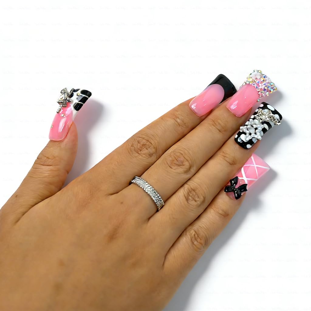IntoVibes 10 Pieces Luxury Acrylic Press On Nails Long Handmade Duck Nails, Black Thickened False French Nails, With 3D Bowknot And Stars, Reusable Fake Nails, Acrylic Nails (S)