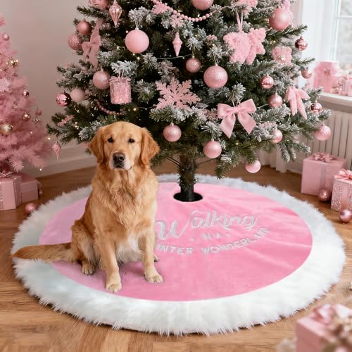 yuboo Pink Christmas Tree Skirt 48 inches, Large Faux Fur Fluffy - Furry Tree Rug Skirt with White Snowflakes Pink Christmas Decor Onaments for 7FT Christmas Tree