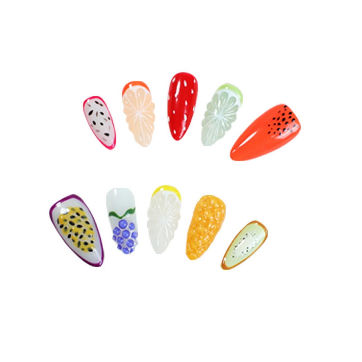 Handmade Fruit Press on Nails Luxury Thick Medium Almond Fake Nails with Lemon Grape Mango Pattern Design Muti-Layer Gel Spring Summer Fruit False Nails Full Cover Acrylic Nails for Women (Size S)