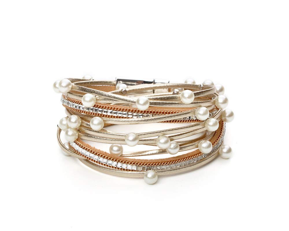 Fesciory Leopard Bracelet for Women, Boho Leather Wrap Multi-Layer Pearl Crystal Bracelet Bangle Jewelry(Pearl)