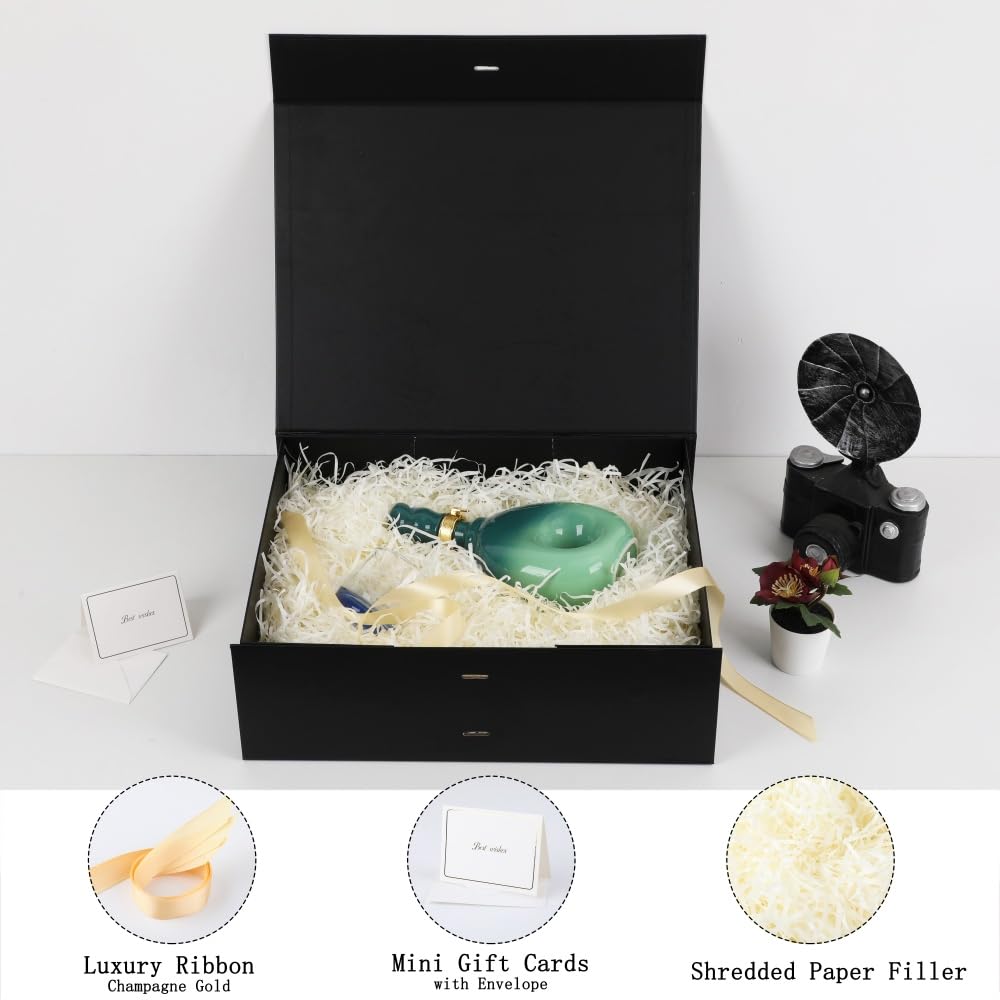 BoxSkivra Large Black Gift Box with Ribbon 1 Pack 16.5X13X5.3 Inch Extra Large Gift Box with Lid Magnetic Closure Rectangle Collapsible Luxury Boxes for Wedding Dress、Shredded Paper Filler & Card