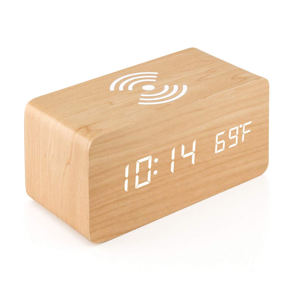 OCT17 Alarm Clock with Qi Wireless Charging Pad Compatible with iPhone Samsung Wood LED Digital Clock Sound Control Function, Time Date, Temperature Display for Bedroom Office Home - Wood