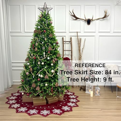 84-Inch Reversible Knit Tree Skirt with Christmas Star–Inspired Pointed Edge Border and Lace-Up Closures, Machine Washable Thick Acrylic Yarn, Burgundy & White
