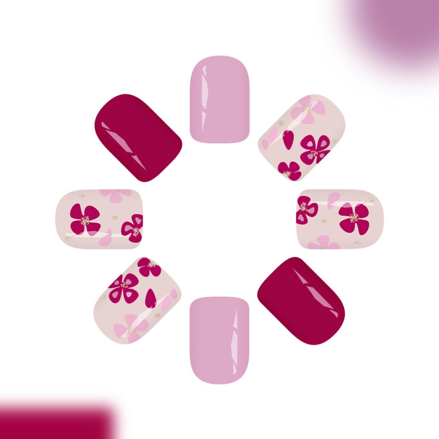 Short Square Press on Nails Deep Light Pink Red Flower Motifs Shiny Drill Surface Elegant Sweet Manicure Stick on Nails Artificial Nails Suitable for Charming Glossy Delicate Stylish 24 Pcs