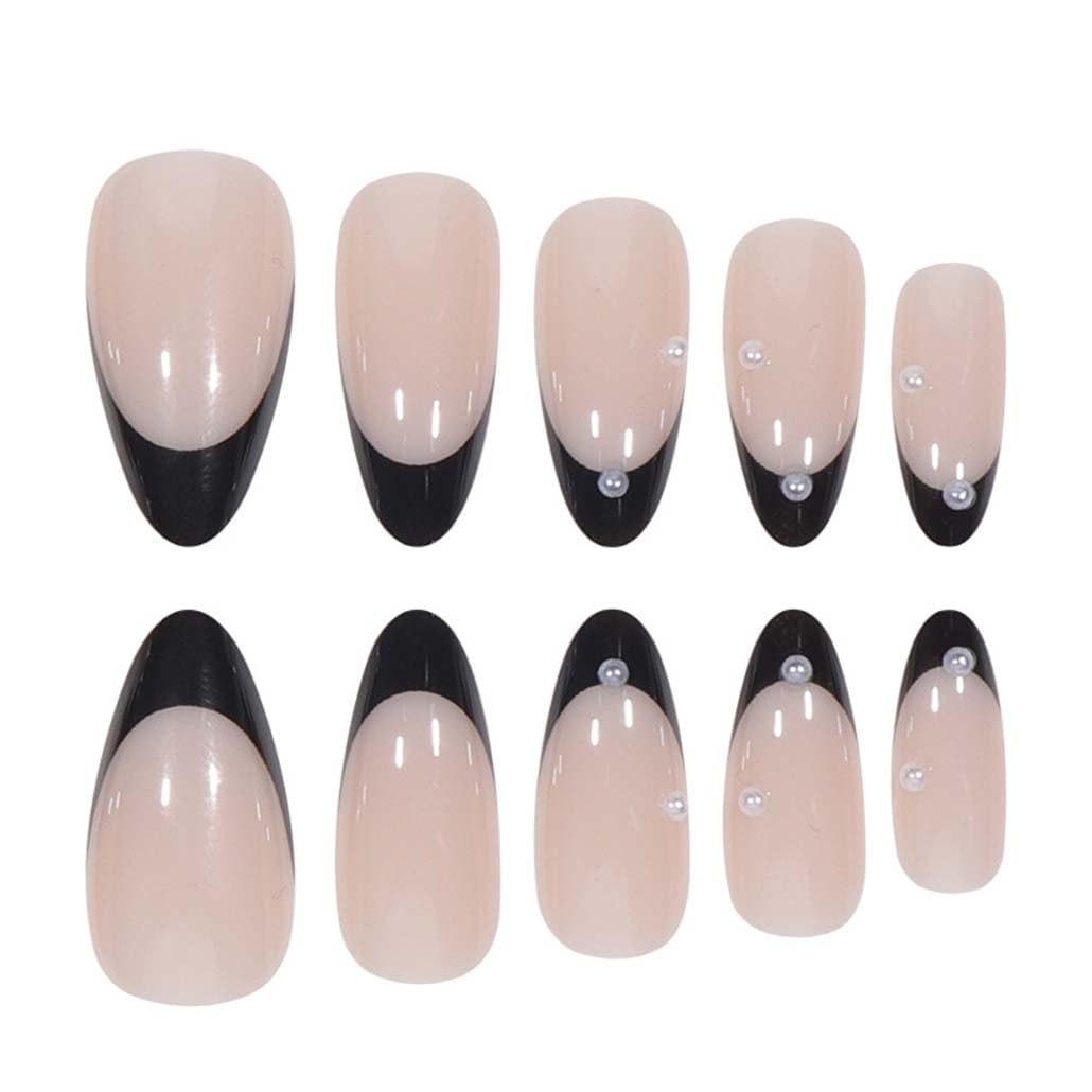 Foccna Press on Nails Medium Pearl Black Fake Nails Almond Glossy 3D False Nail Tips French Artificial Nails Finger Manicure for Women and Girls,24pcs