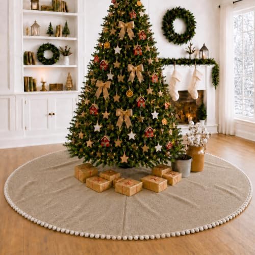 Syhood 84 Inch Extra Large Christmas Tree Skirt Linen Burlap Tree Skirt