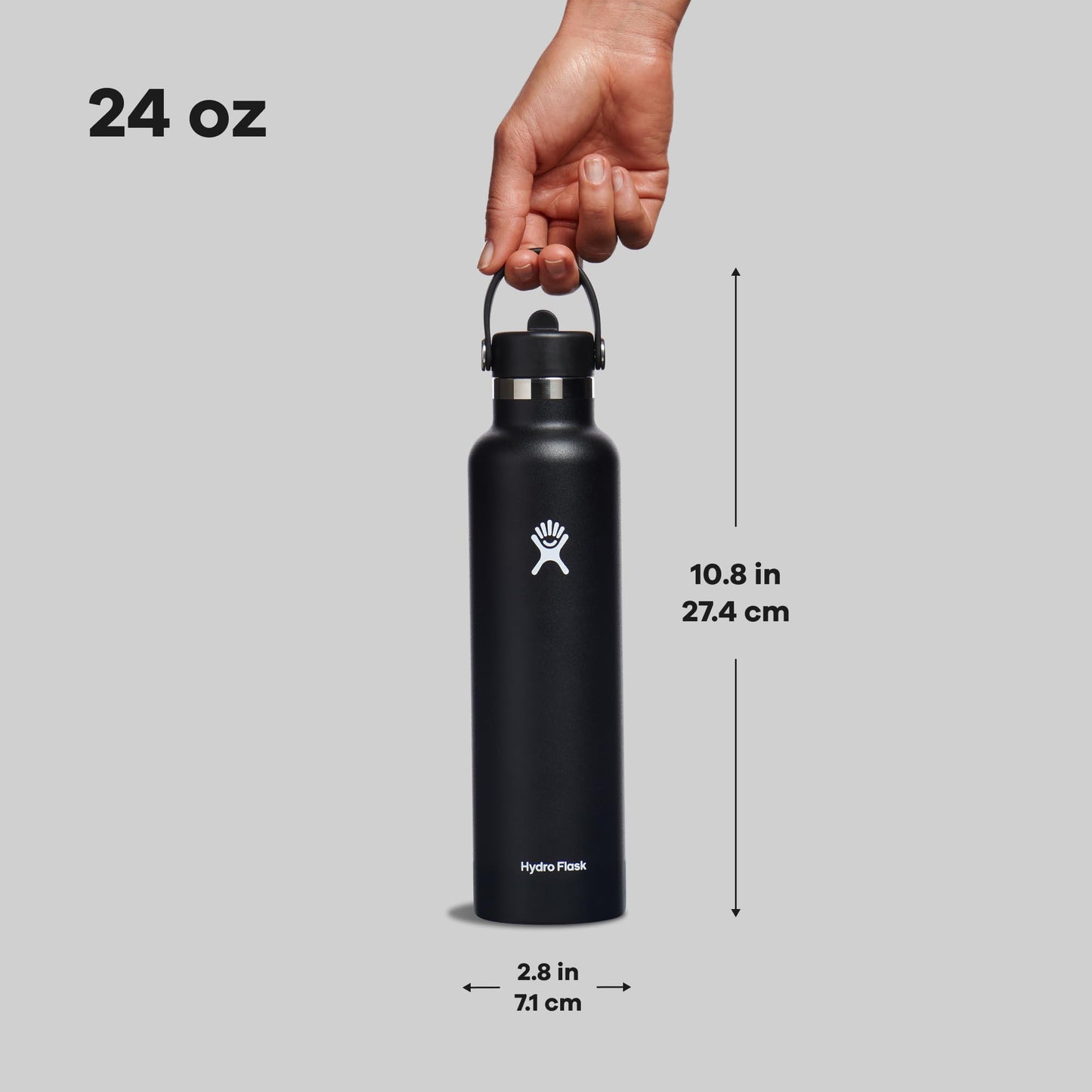 Hydro Flask Water Bottle - Insulated Stainless Steel - Straw Lid, Non Spill, Leakproof 24 Oz Black