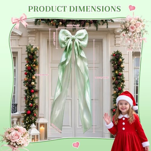 Big Satin Bow Coquette Room Decor, 16x79 Inch Large Christmas Bows for Birthday Decorations, Christmas Tree Topper, Girl Room Decor, Bachelorette, Wedding, Baby Shower, Front Door, Wreath (Green)