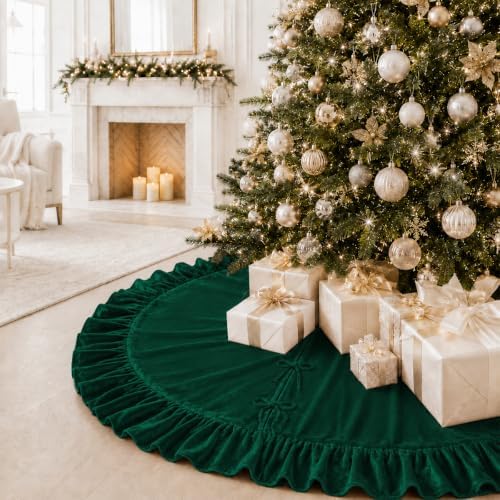 Christmas Tree Skirt,Velvet Tree Skirt with Ruffled Edge, Classic Large Velvet Fur Plush Tree Skirt for Merry Christmas(DarkGreen,36Inch)