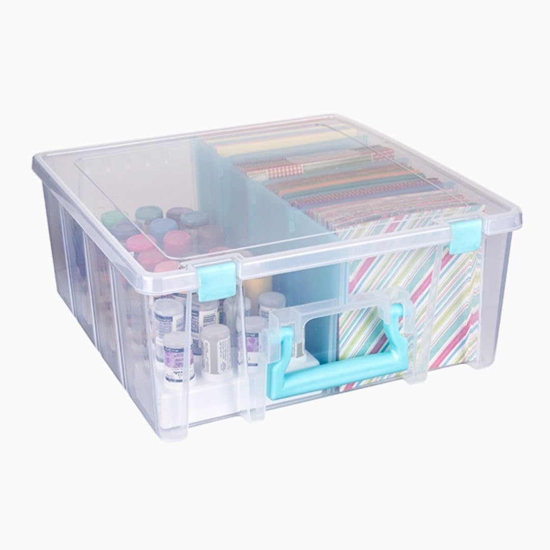 ArtBin 6990SA Super Satchel Double Deep Compartment Box - Art Storage with 8 Removable Compartments, Smart Closure for Craft Supplies (Clear & Aqua- Pack of 1)