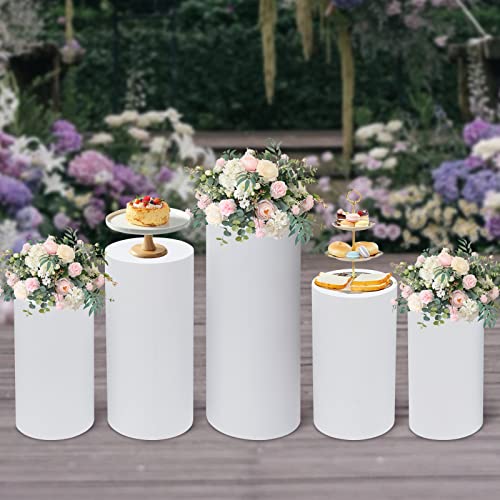 5 Pcs Cylinder Stands, Large White Cake Pedestal Tables, Round Reusable Dessert Display Plinth Pillars Wedding Backdrop Art Decor Flower Column Stand for Party Weddings or Banquets - size: 5 Pcs