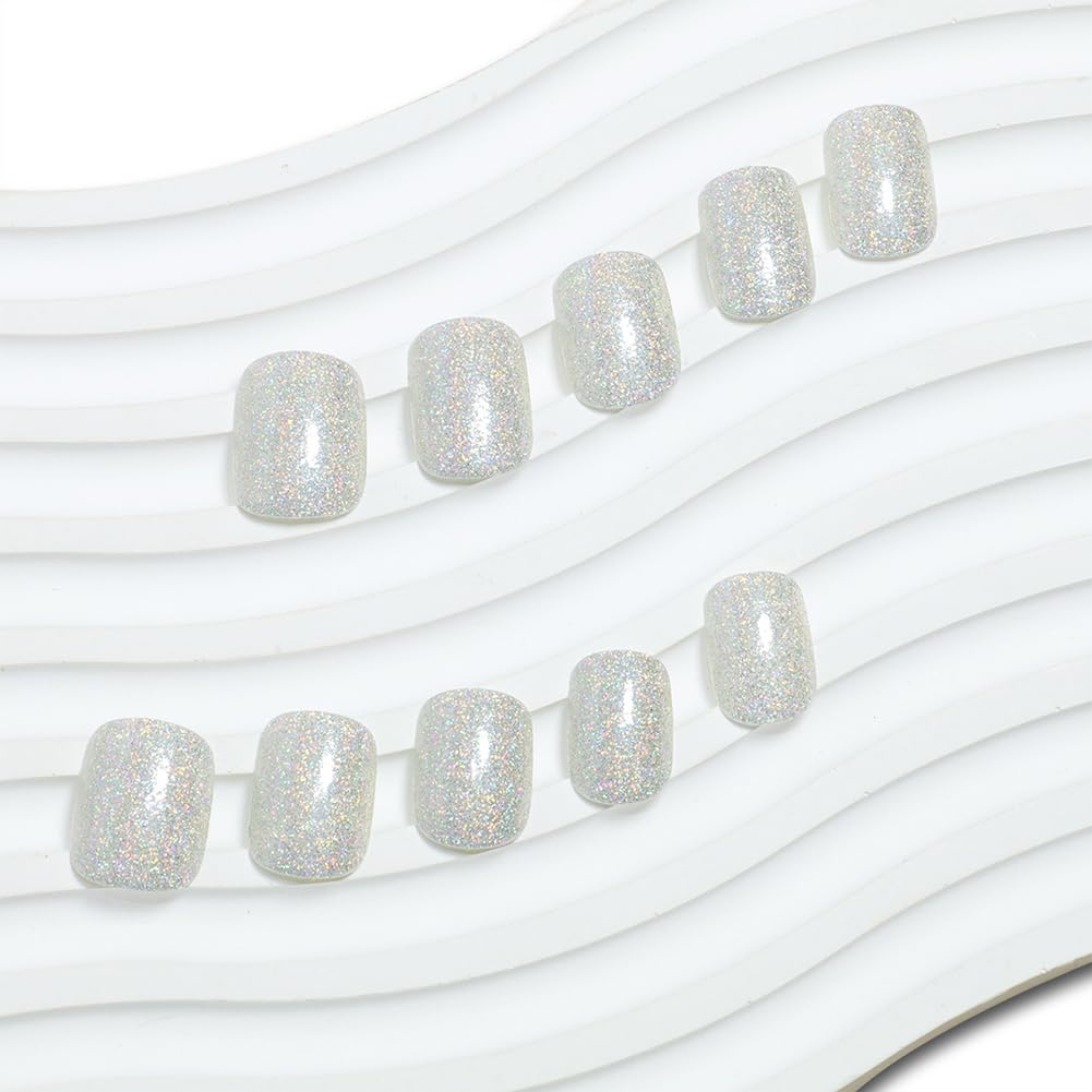 Hrnsnails Glitter Press On Nails Short Square Fake Nails with Silver Glitte Nail Press Ons Design, Artificial False Nails Press On Nail Kit Sparkly Stick On Nails for Women
