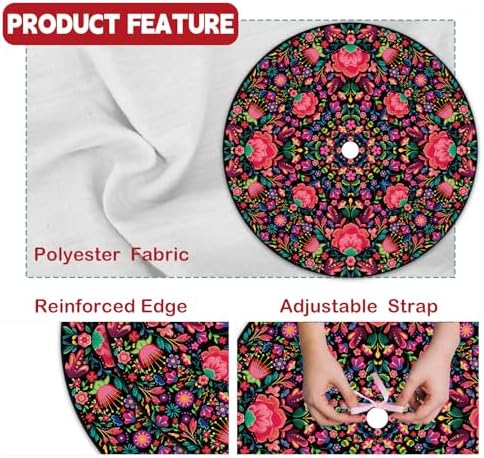 Mexican Flowers Christmas Tree Skirt 48 Inch Xmas Tree Mat Party Decor with Mexican Flowers Red Christmas Decorations Ornaments for Winter Holiday Decor