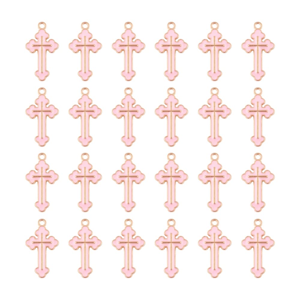 Mega Pet 100pcs Alloy Enamel Cross Pendant Charms Pink Metal Tiny Crucifix Flatback Dangle Charms Hang Ornaments 25x14mm for DIY Bracelet Necklace Jewelry Crafts Making Hole: 1.8mm