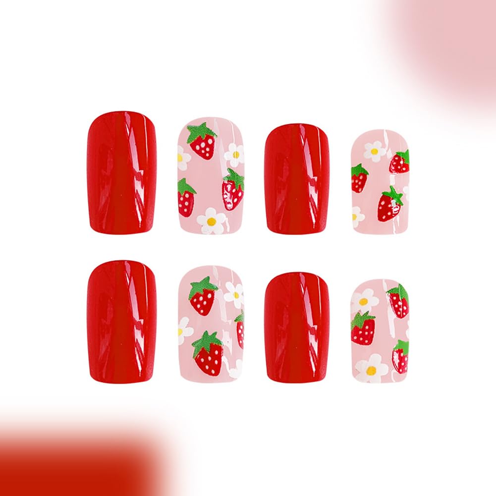 RUPOFUZA Press on Nails Square Short Red Fake False Nails with Lovely White Flowers and Strawberries Design Acrylic Artificial Nail Extra Short Glue on Nail for Women Girls 24Pcs