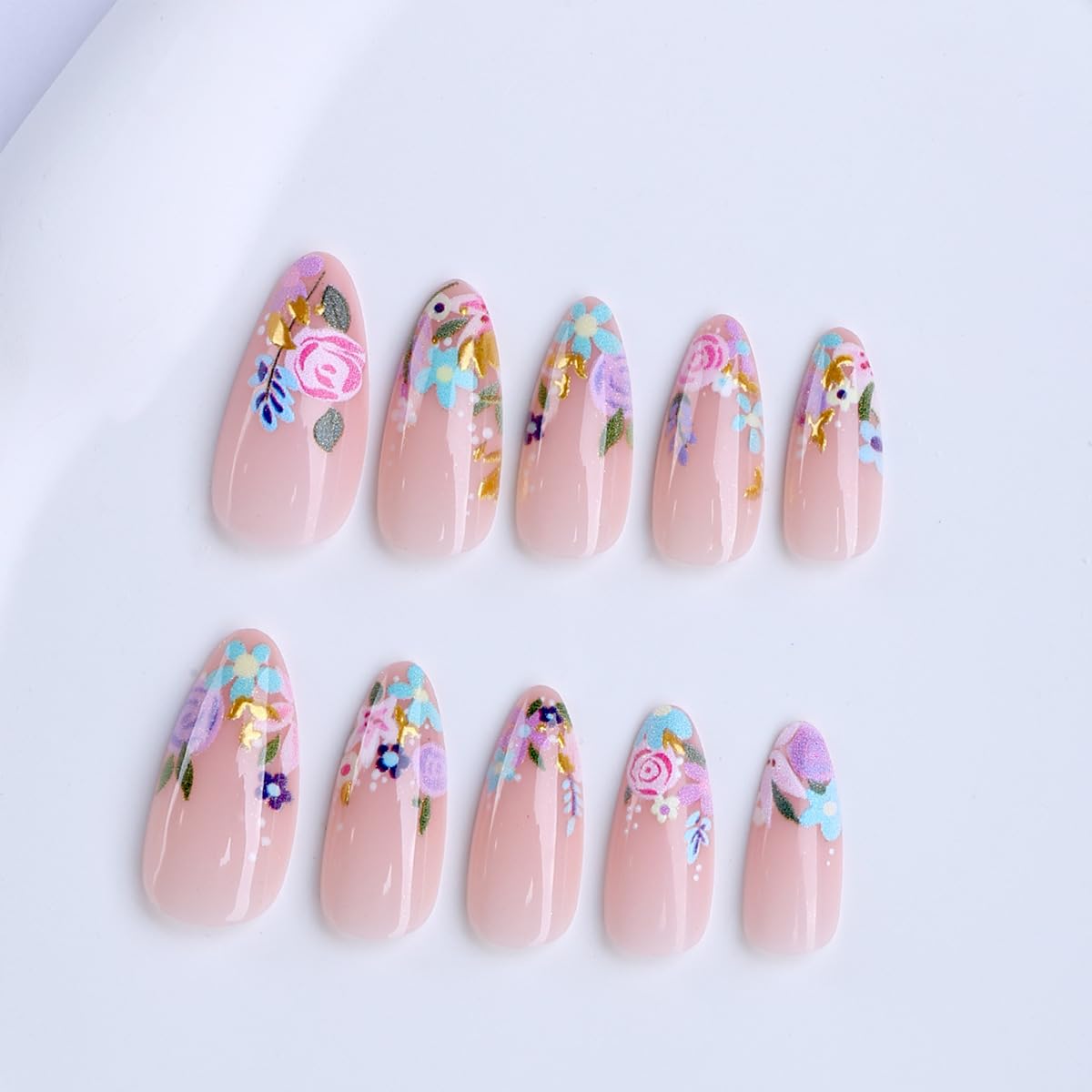 plalely Long Press on Nails Almond, Acrylic Press on Nails with Flower Designs, Long Almond Nail Tips for Women 24pcs