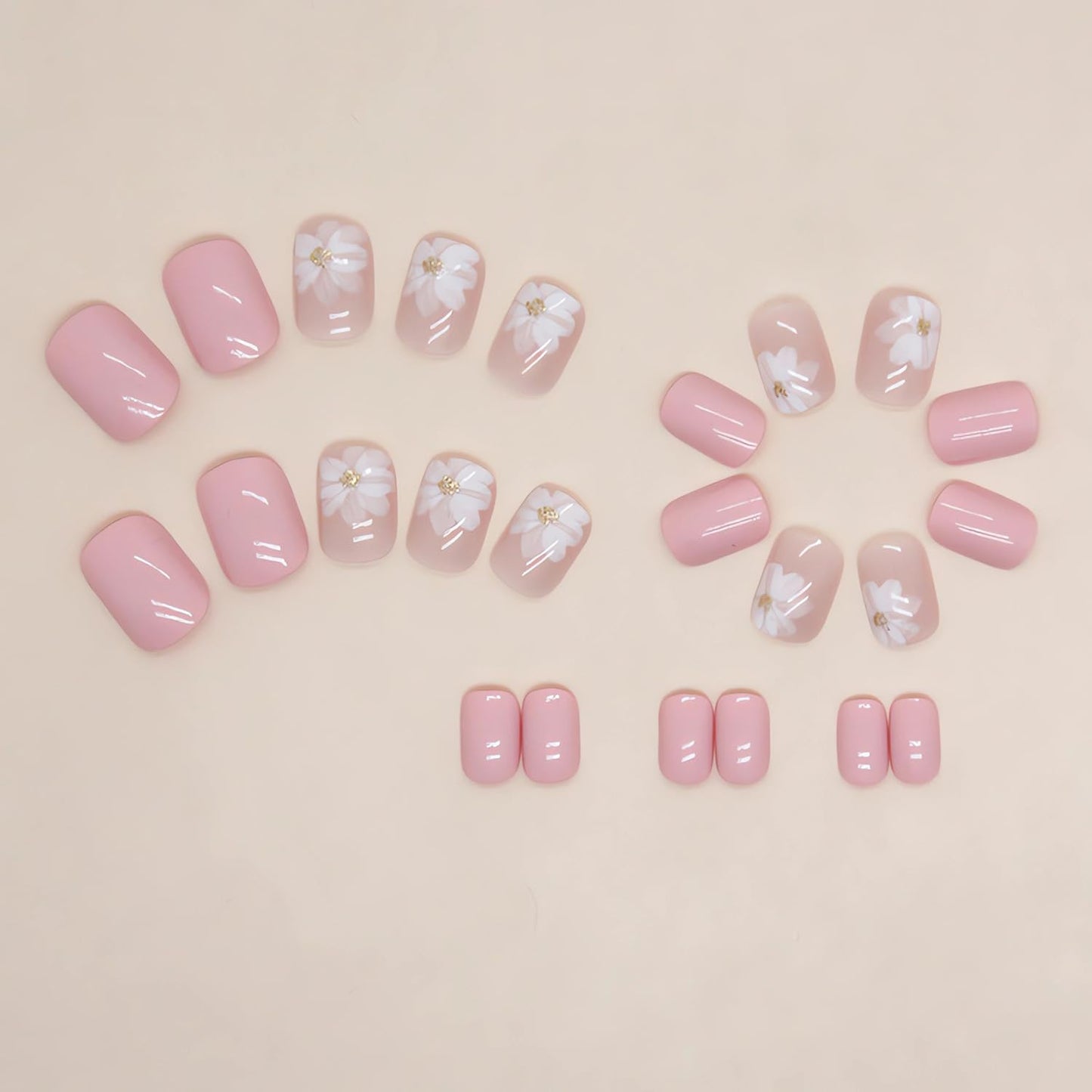 Flower Press On Nails - Glossy Pink Nails with White Flowers Designs - Cute Short Acrylic Nail Kit - 24Pcs
