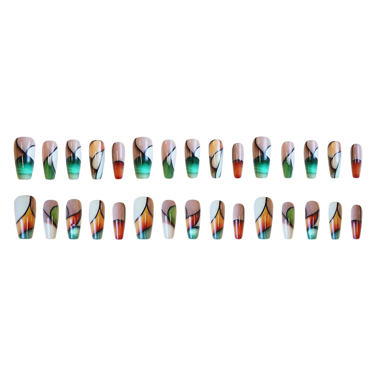 24Pcs Medium Square Fake Nails Color Collision Press on Nails with Artistic Lines Designs Spring Summer Nails Glue on Acrylic False Nail Full Cover Glossy Stick on Nail for Women Manicure Kit