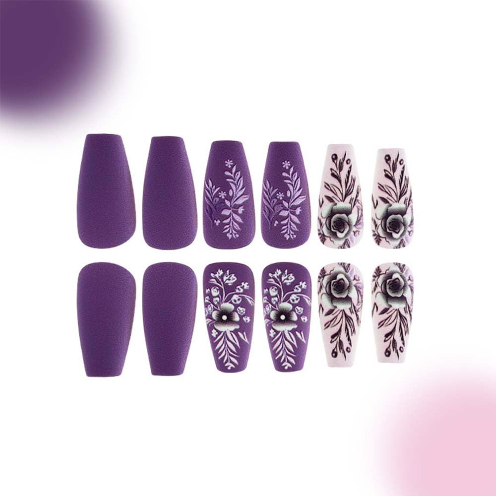 Medium Press On Nails Coffin Fake Nails Flower With Leaf Design Purple False Nails Full Cover Artificial Glue On Nail Full Cover Matte Acrylic Stick On Nail For Women Spring Nails 24pcs