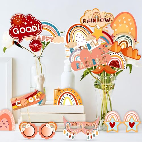 25Pcs Boho Photo Booth Props with Stick, Bohemian Theme Selfie Props, Boho Rainbow Birthday Party Supplies, Photography Backdrop Decorations