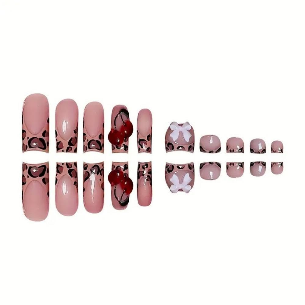 Leopard French Tip Press on Toenails Pink Press on Nails Medium Square Fake Nails with 5D Pink Bow Charms Design Glossy Skin Tones Fake Toenails 3D Cherry False Nails for Women DIY Manicure 48Pcs