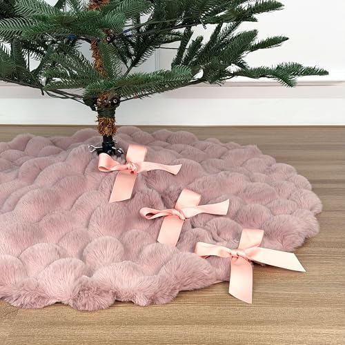36-Inch Puff Quilt Faux Fur Christmas Tree Skirt, Soft Plush Tufted Texture with Satin Ribbon Ties, Baby Pink