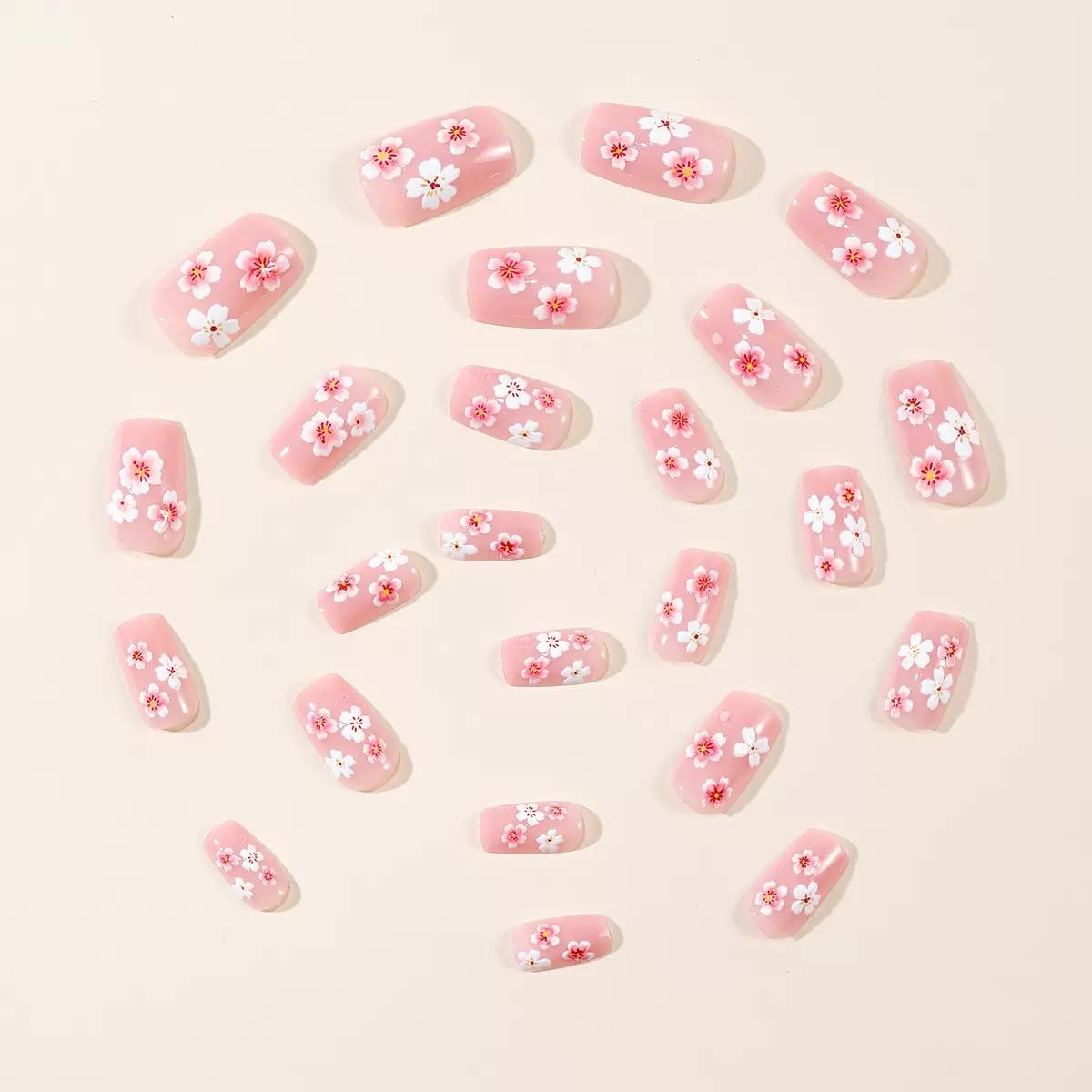 CTTHNBD Medium Press on Nails - Square Fake Nails with Pink Flower Design - Spring, Cute Full Cover Stick on False Nails for Women - 24 Pcs