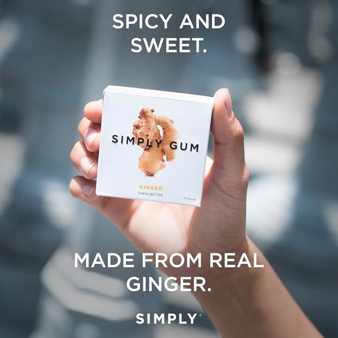 SIMPLY Gum Ginger, Plastic-Free Natural Chewing Gum, Made with real Ginger, 12 Pack (180 Pieces) | Vegan, Kosher, Non GMO, Aspartame Free and Sorbitol Free