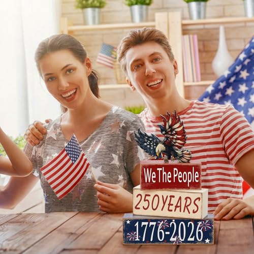 GlikCeil 4 Pcs 250th Anniversary Table Decoration 4th of July Tiered Tray Decor Eagle Patriotic Wooden Block Sign 1776-2026 Independence Day Centerpiece Rustic Star Tabletop Eagle Decor for Indoor - style: Eagle