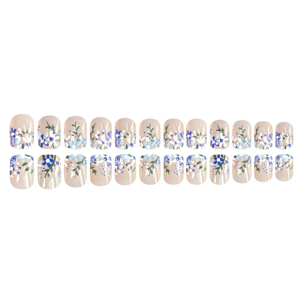 Flower Press on Nails Short Square Fake Nails with Blue Floral Design Glossy Light Blue Glue on Nails Polka Dots Nails Press ons Reusable Full Cover Spring Summer Acrylic Nail for Women Manicure 24Pcs