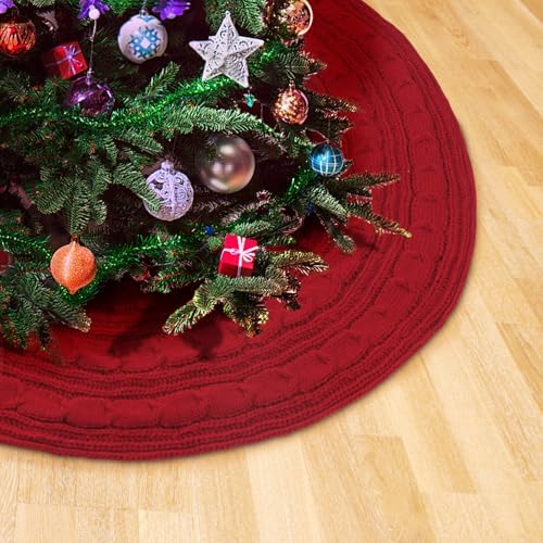 Knitted Christmas Tree Skirt,48 Inch Knit Christmas Tree Skirt Red Burgundy Tree Skirt Cable Knit Xmas Tree Skirt for Holiday Decoration