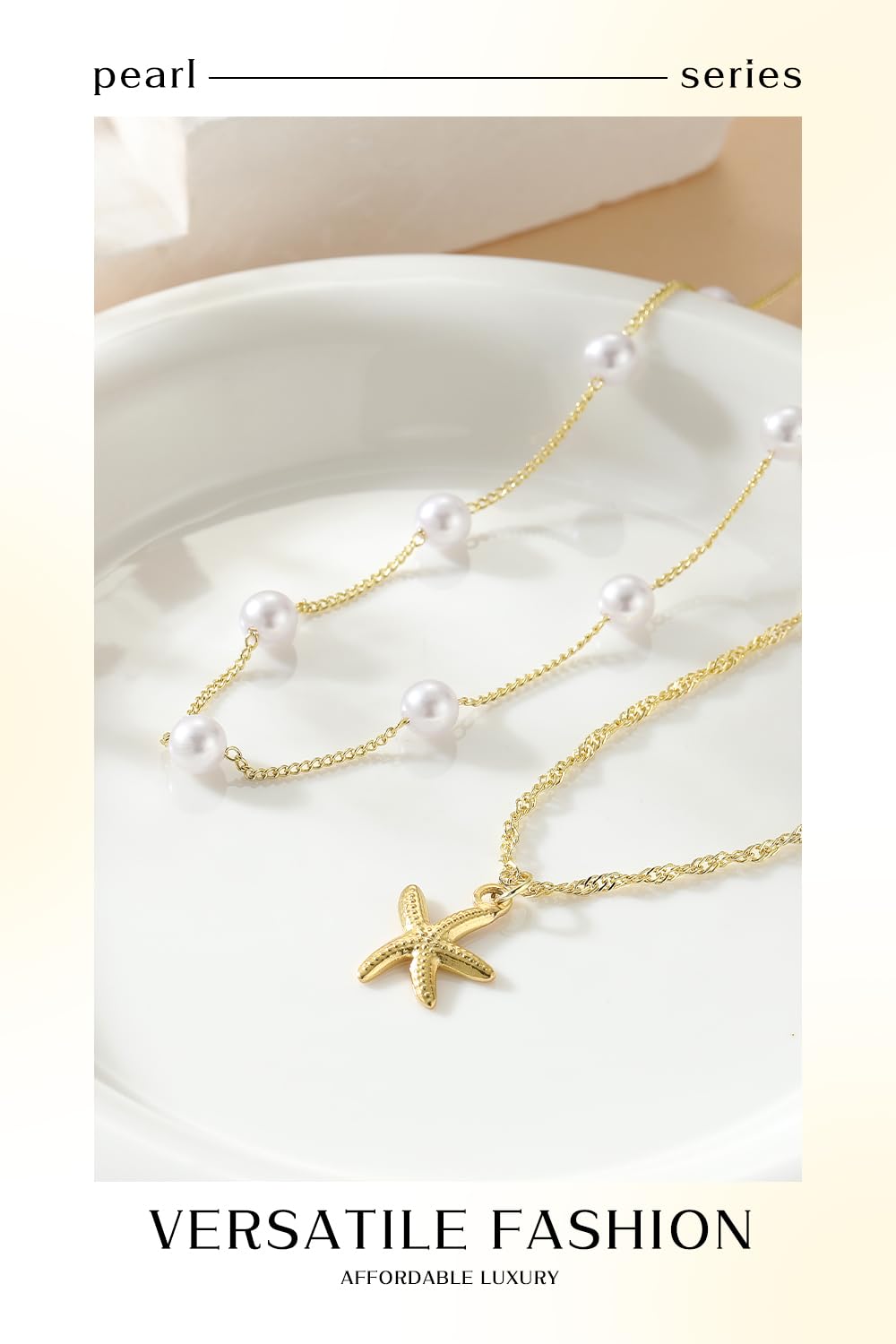 Beach Layered Starfish Necklace for Women, 14K Gold Plated Shell Conch Seashell & Pearl Charm Pendant, Dainty Coastal Summer Vacation Jewelry