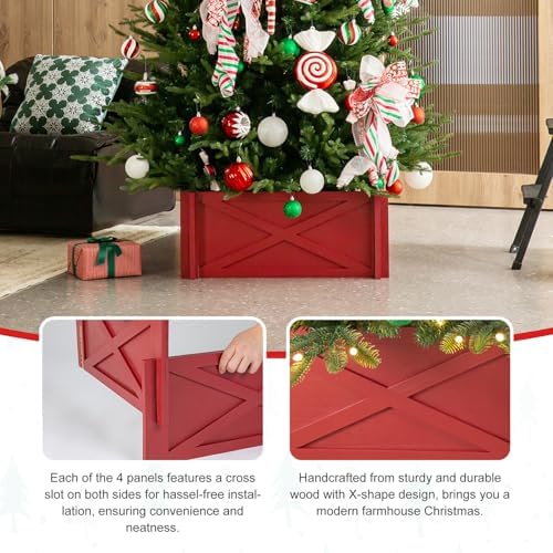 Glitzhome Christmas Tree Collar, 24.5" L Farmhouse Red Handcrafted Wooden Tree Collar Tree Stand Cover Decorative Christmas Tree Skirt Collar for 7.5ft Tree Holiday Decor
