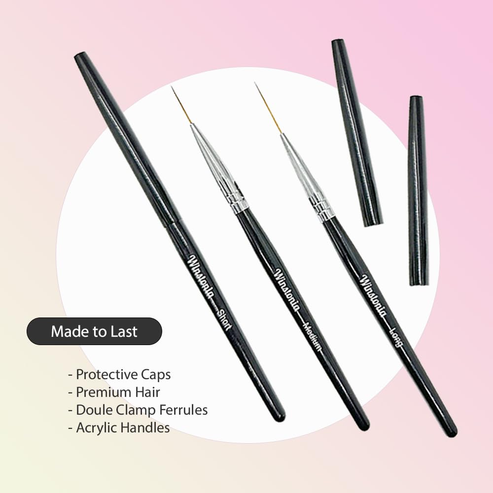 Winstonia Striping Nail Art Brushes for Long Lines, Details, Fine Designs. 3 pcs Striper Brushes with Caps - AMAZING TRIO