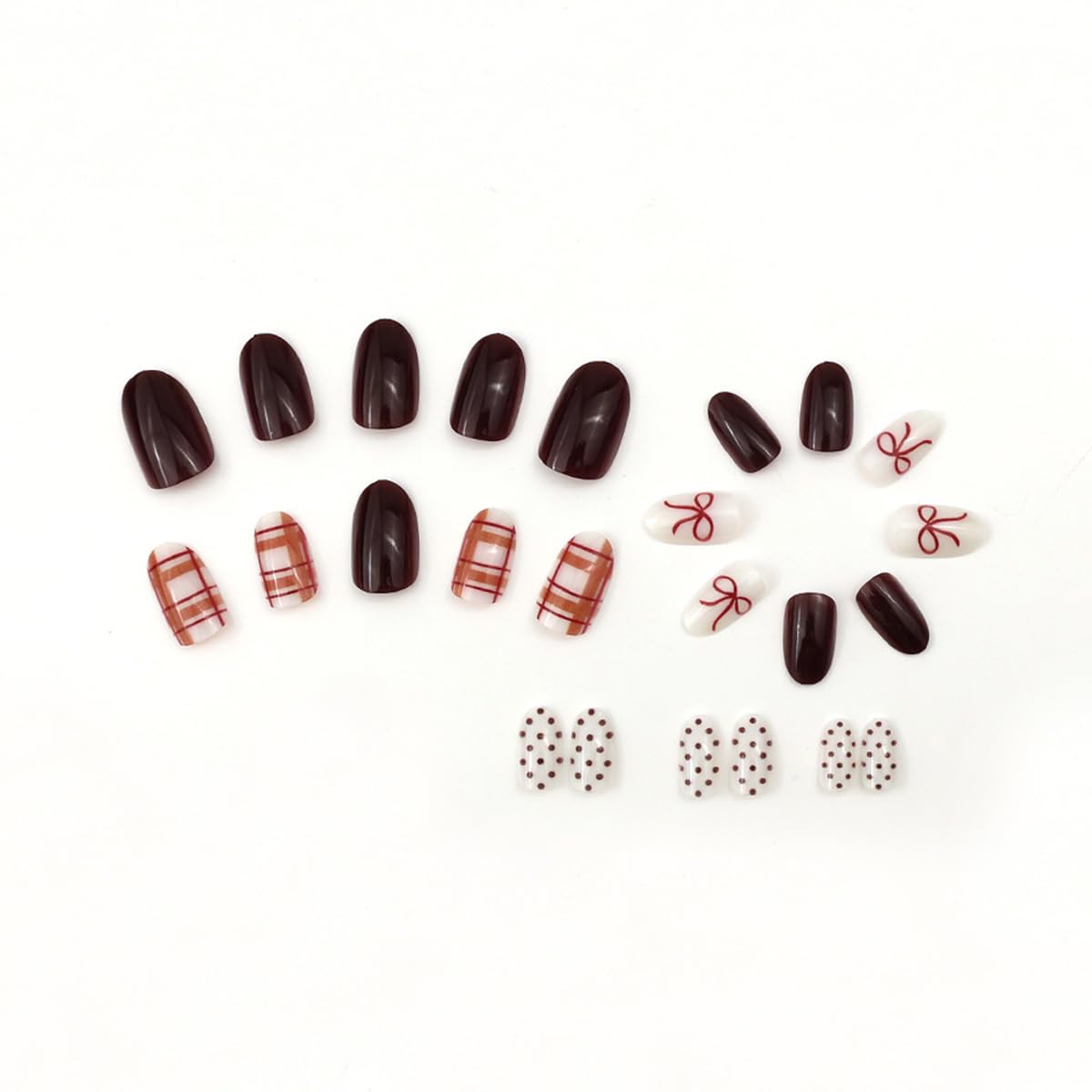 Fall Winter Press on Nails Short Oval Fake Nails Press ons with Plaid,Bow,Polka Dots Design Full Cover Stick on Nails for Women Manicure,Reusable | Artificial | Nail Sticky Tabs | Easy Apply | 24Pcs