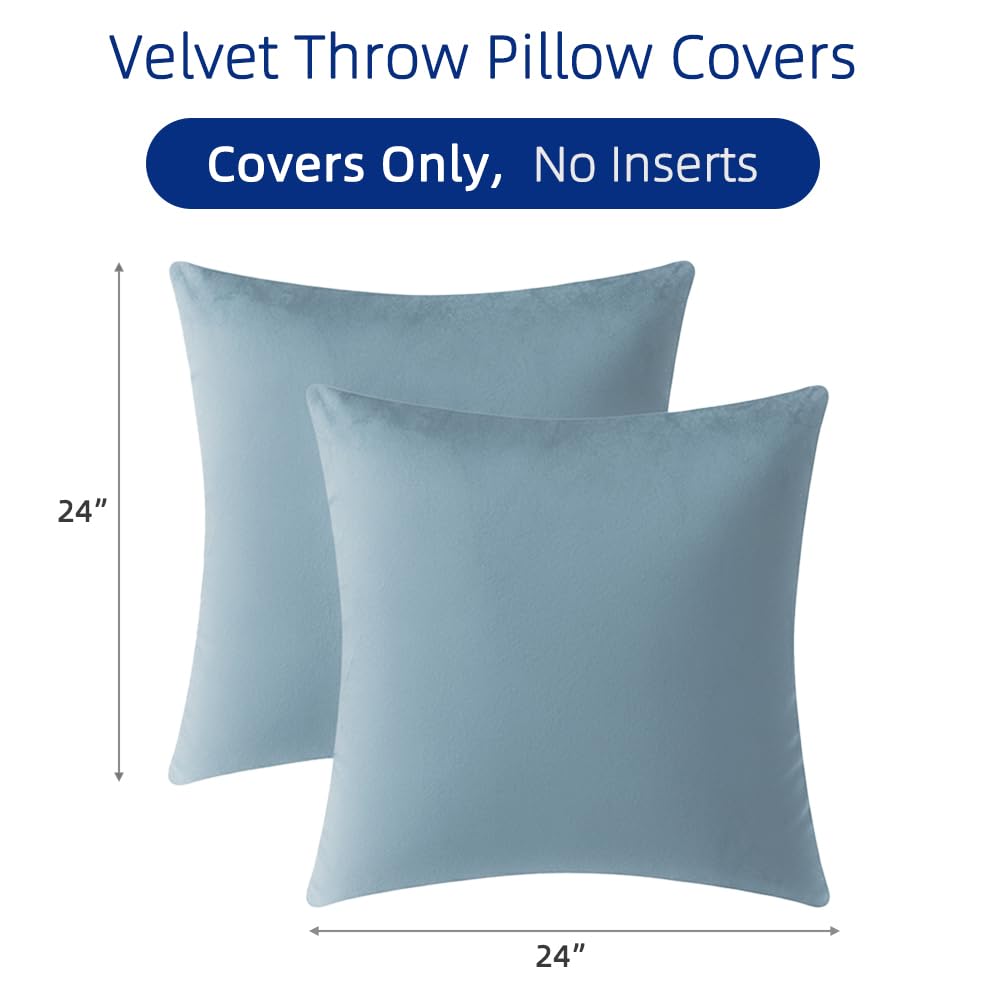 QUORGVES Light Blue Velvet Pillow Covers 24x24 Inch Set of 2, Soft Solid Decorative Square Throw Pillow Covers, Decor Cushion Covers for Bed Sofa Couch Bedroom Living Room - Coastal Sky Baby Blue