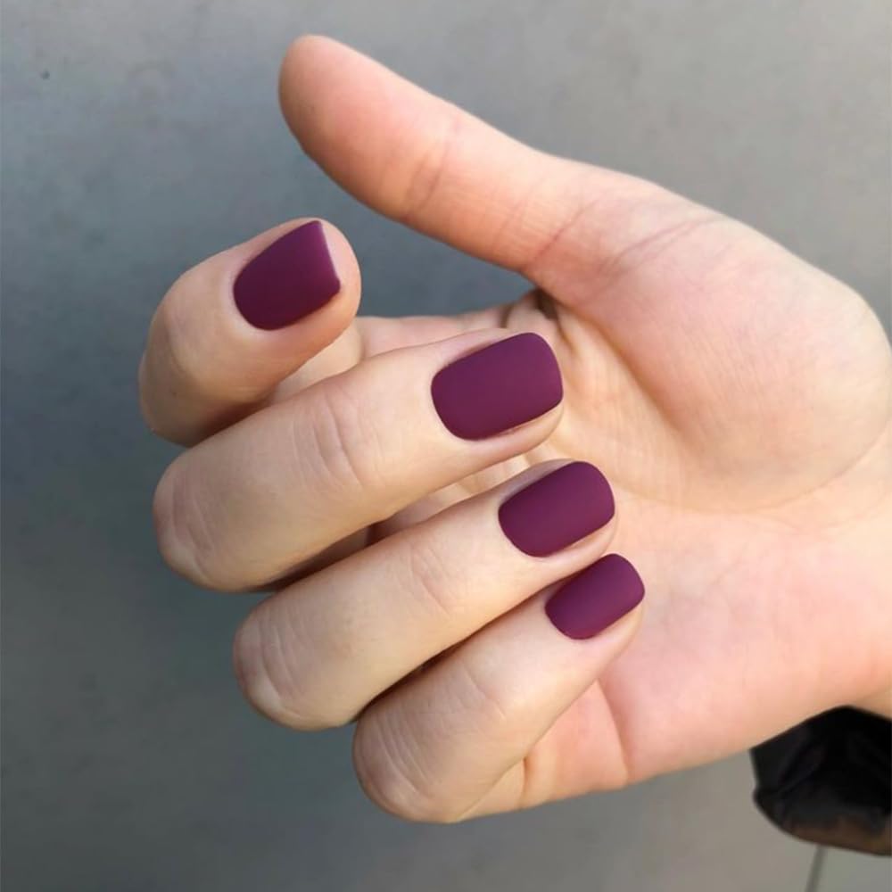 Matte Plum Press on Nails Short Square, Gel Nails Glue on 2025 Fall Colors Acrylic Nails Press ons Featured Protective Coat Thick Reusable Fake Nails 24Pcs Short Coffin Artificial Nails