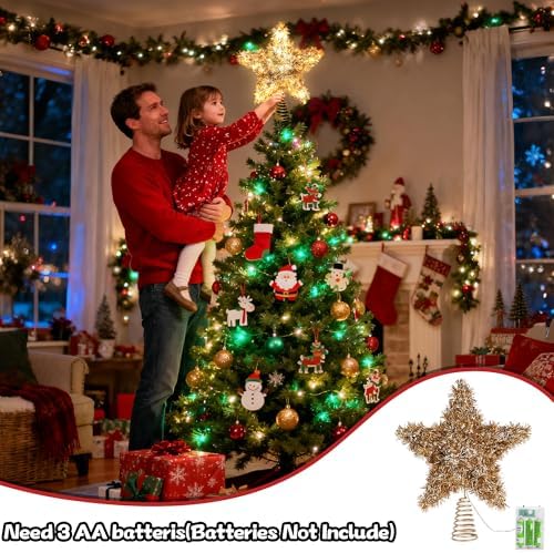 Christmas Tree Topper Star Shiny Gold Tinsel Star Tree Topper 10 Inch Lighted Tree Topper Battery Operated Christmas Tree Decoration for Holiday Indoor Decoration Warm White Light