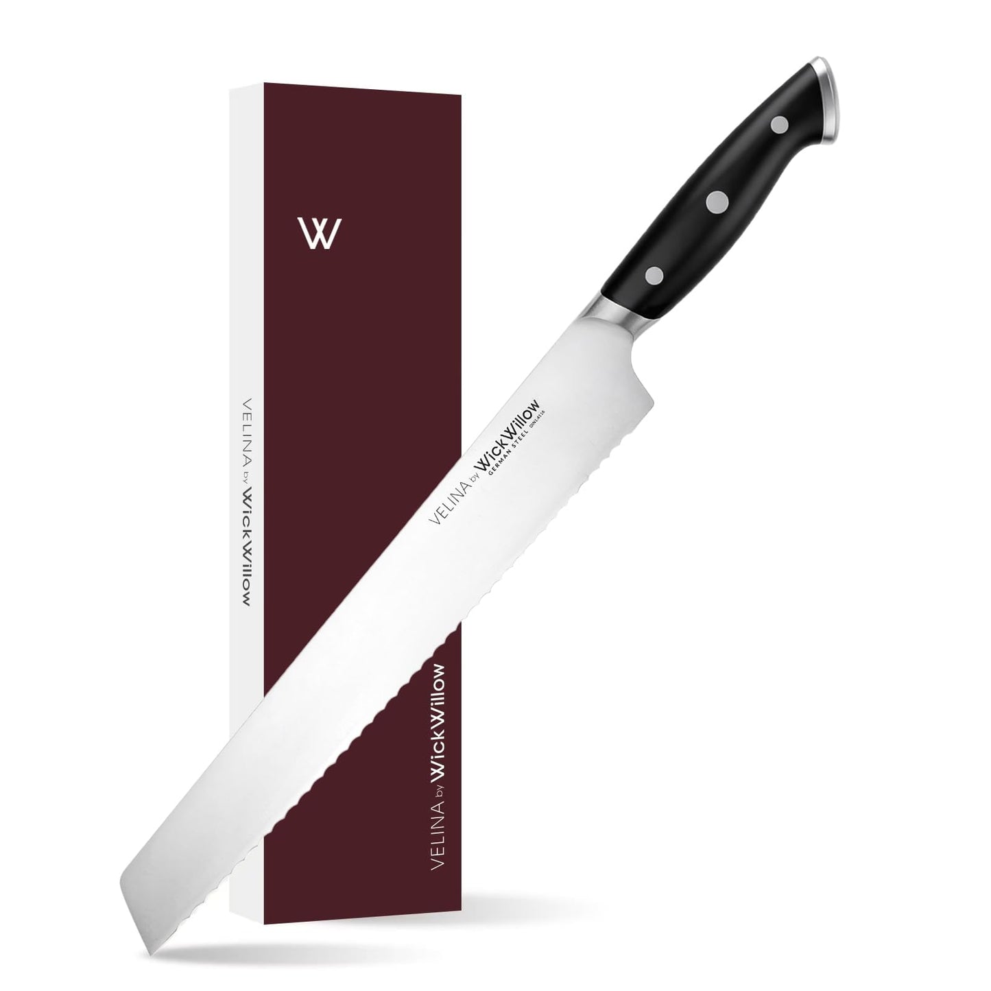 WICKWILLOW 10" Bread Knife – Razor Sharp German Steel – Serrated Knife for Homemade Bread & Sourdough – Full Tang & Ergonomic Handle – Gift Box – Velina Series