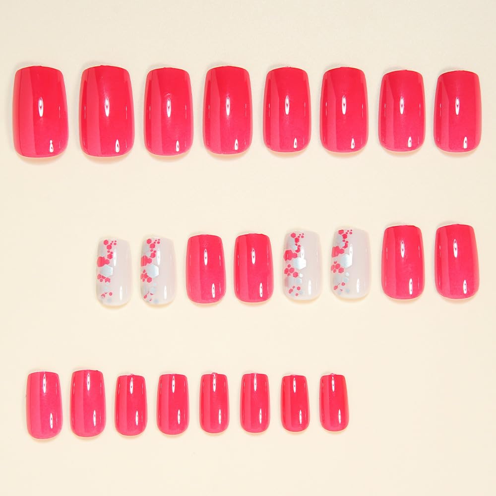 Rose Red Short Press on Nails Square Fake Nails with Designs Full Cover Glossy False Nails Artificial Acrylic Nail Press ons Reusable Short Nails Pink Glue on Nail for Women Manicure Kit 24Pcs