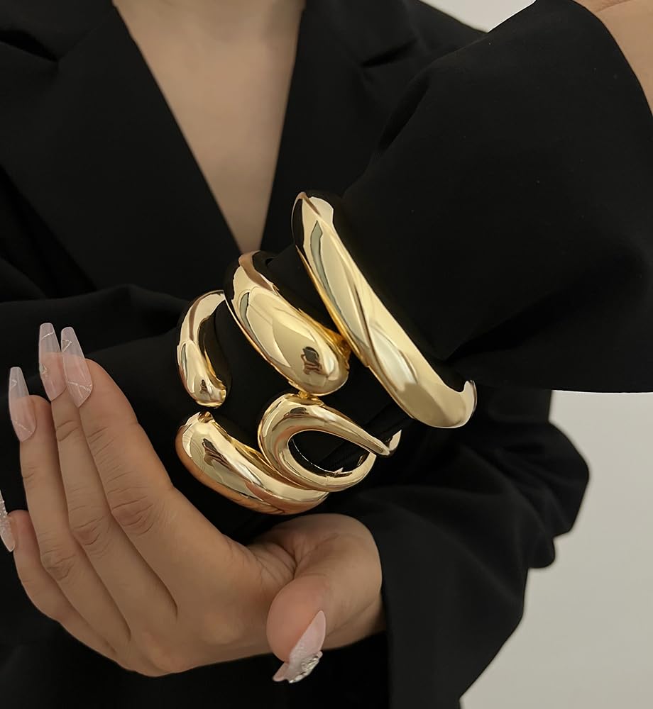 Chunky Gold Bangle Bracelets for Women, Dainty 14k Gold Plated Big Stackable Bangles Set, Trendy Statement Cuff Bracelet Stack Fashion Jewelry Gifts (A9-gold)