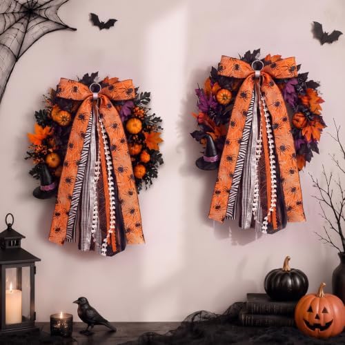 Suncalla 2 Pcs Halloween Orange Spider Web Ribbon Bow for Wreath Front Door
